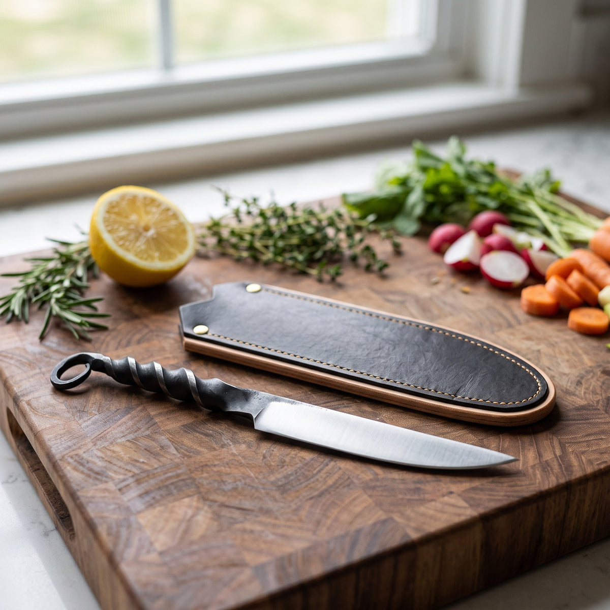 4.25" Carbon Steel Steak Knife | Steel, with the Crownridge blade guard in use