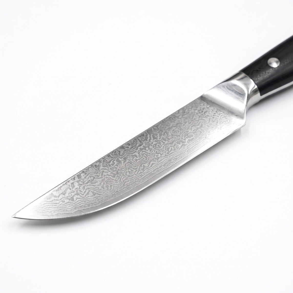 4-Piece Damascus Steak Knife Set | Black Pakkawood, Damascus blade close-up