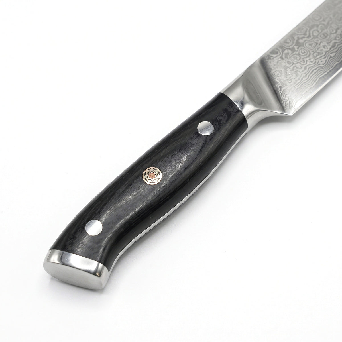 4-Piece Damascus Steak Knife Set | Black Pakkawood, handle and fittings close-up