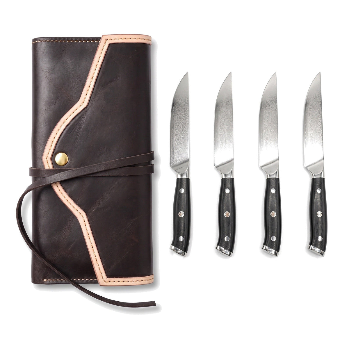 4-Piece Damascus Steak Knife Set | Black Pakkawood, three-quarter view with the Crownridge knife roll