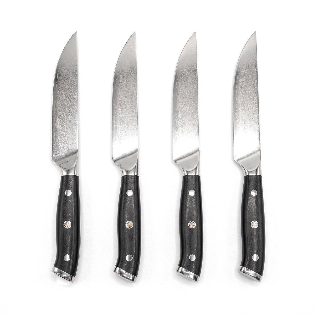 4-Piece Damascus Steak Knife Set | Black Pakkawood, side profile on white