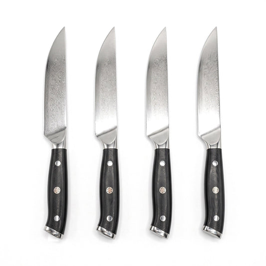 4-Piece Damascus Steak Knife Set | Black Pakkawood, side profile on white