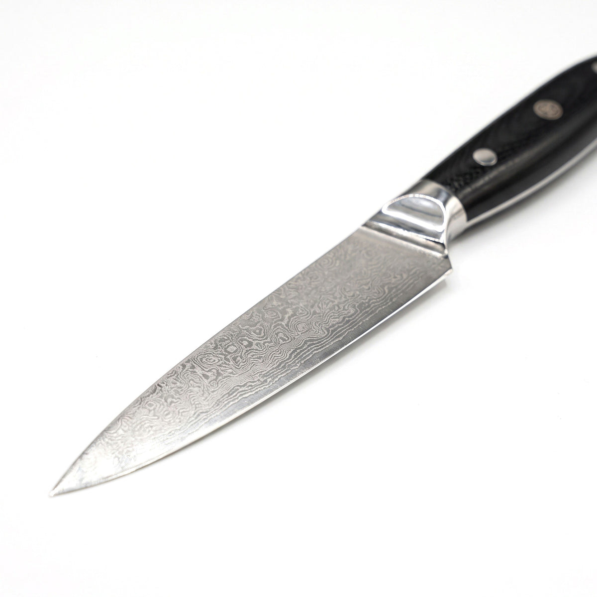 5" Damascus Utility Knife | Black Micarta, Damascus blade close-up