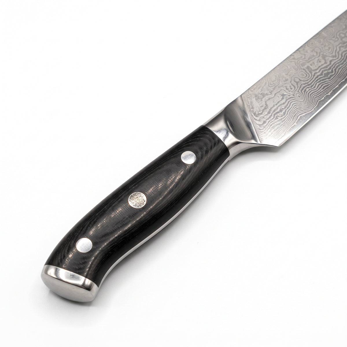 5" Damascus Utility Knife | Black Micarta, handle and fittings close-up