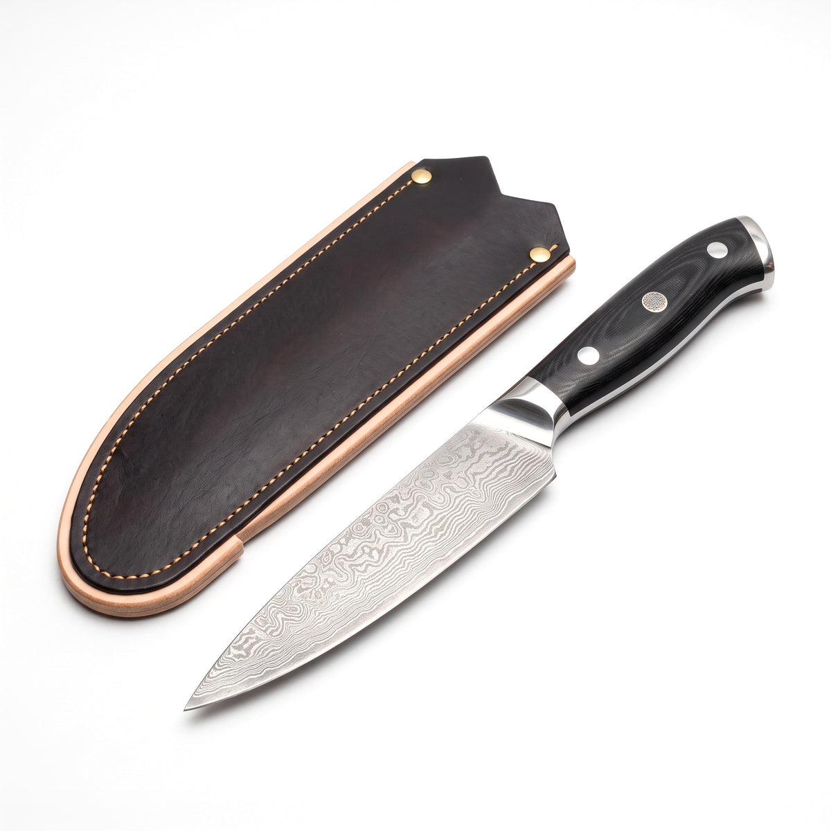 5" Damascus Utility Knife | Black Micarta, three-quarter view with the Crownridge blade guard