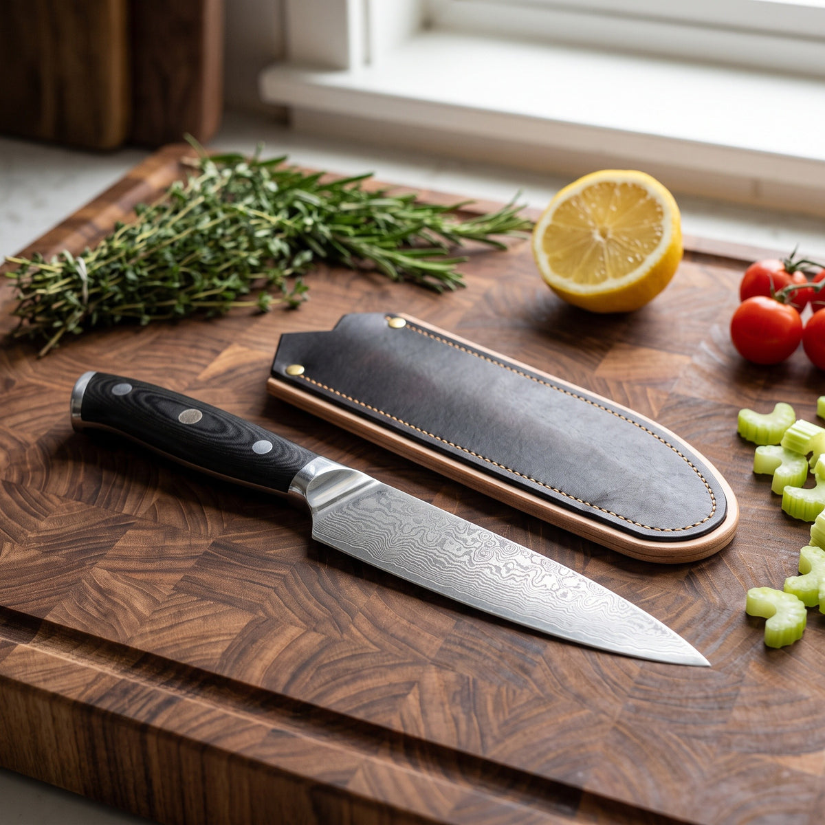 5" Damascus Utility Knife | Black Micarta, with the Crownridge blade guard in use