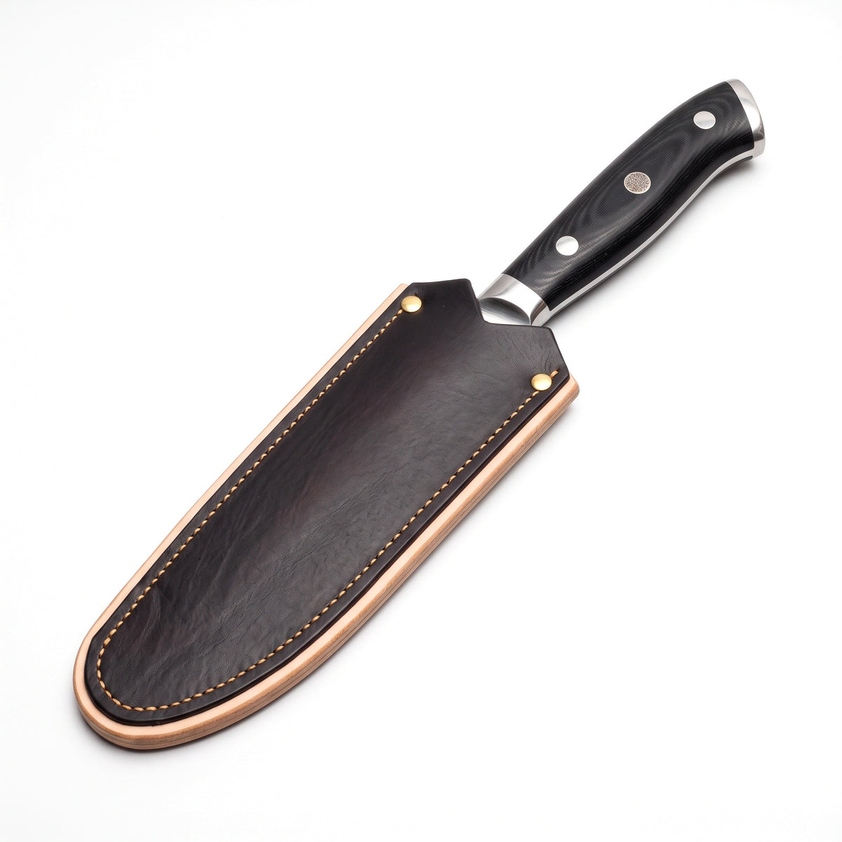 5" Damascus Utility Knife | Black Micarta, seated in the Crownridge blade guard