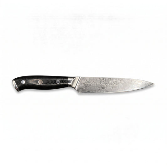 5" Damascus Utility Knife | Black Micarta, side profile on white