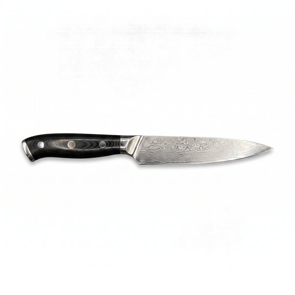 5" Damascus Utility Knife | Black Micarta, side profile on white