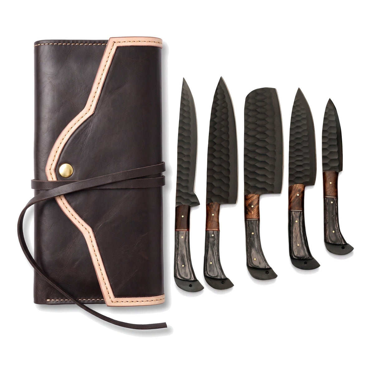 5-Piece Carbon Steel Kitchen Knife Set | Hardwood, three-quarter view with the Crownridge knife roll