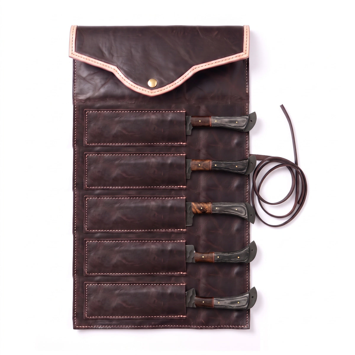 5-Piece Carbon Steel Kitchen Knife Set | Hardwood, seated in the Crownridge knife roll