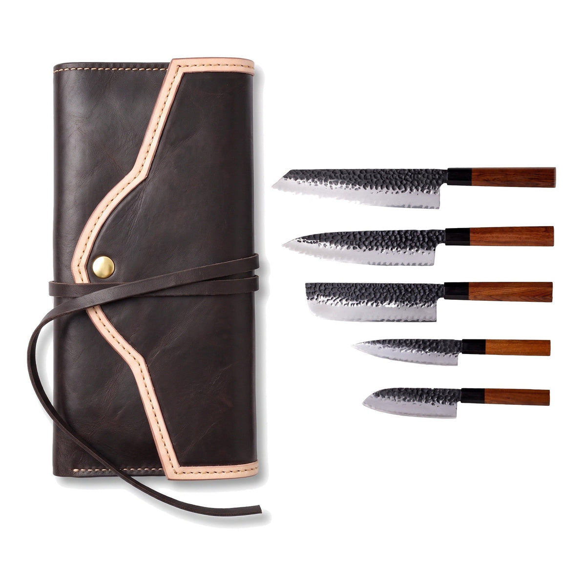 5-Piece Carbon Steel Kitchen Knife Set | Rosewood, three-quarter view with the Crownridge knife roll