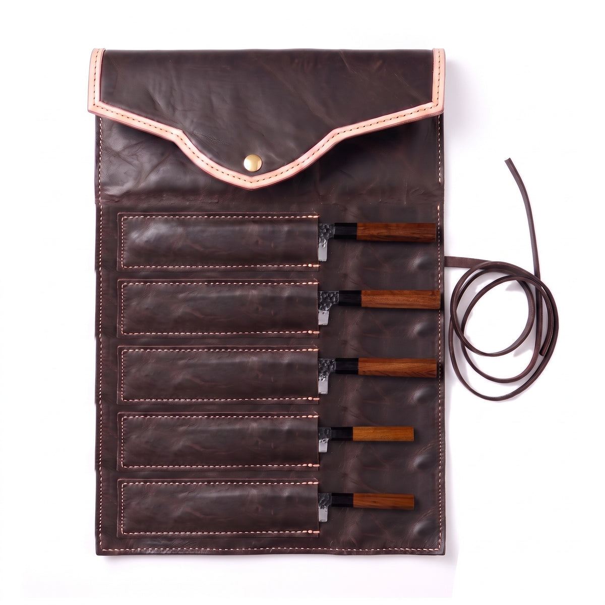 5-Piece Carbon Steel Kitchen Knife Set | Rosewood, seated in the Crownridge knife roll