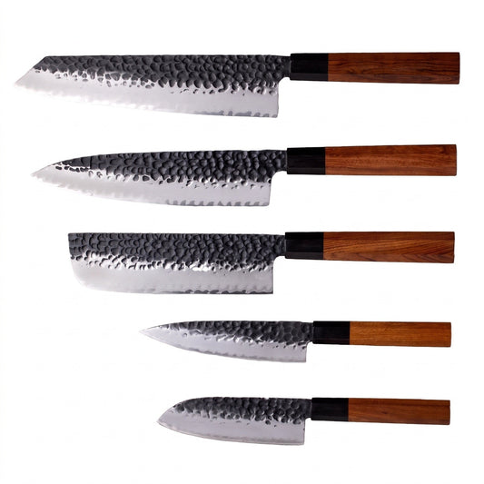 5-Piece Carbon Steel Kitchen Knife Set | Rosewood, side profile on white