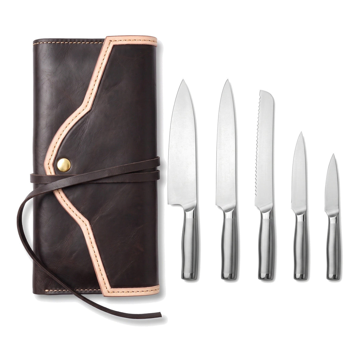 5-Piece Carbon Steel Knife Block Set | Steel, three-quarter view with the Crownridge knife roll
