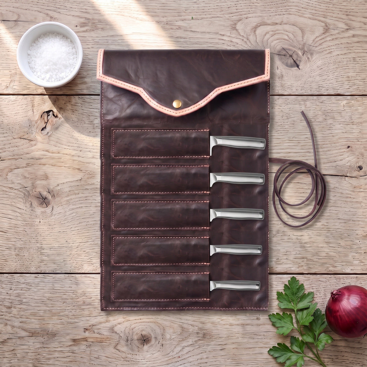 5-Piece Carbon Steel Knife Block Set | Steel, with the Crownridge knife roll in use