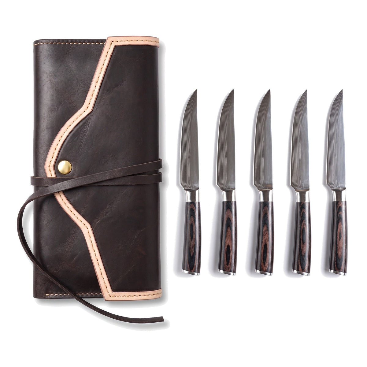 5-Piece Carbon Steel Steak Knife Set | Pakkawood, three-quarter view with the Crownridge knife roll