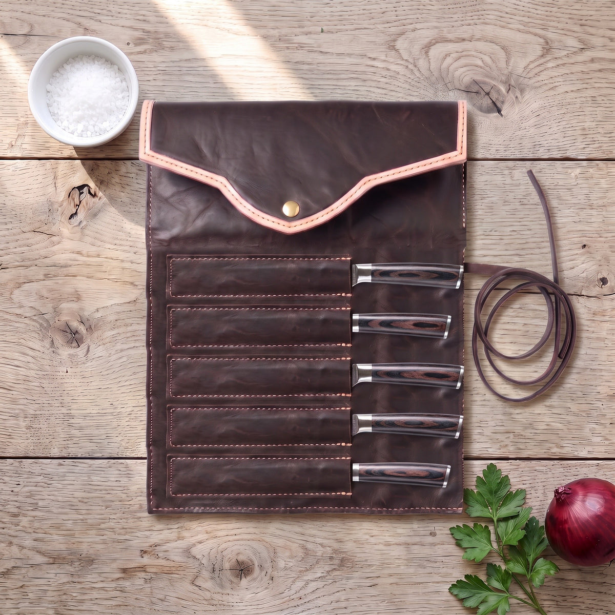 5-Piece Carbon Steel Steak Knife Set | Pakkawood, with the Crownridge knife roll in use
