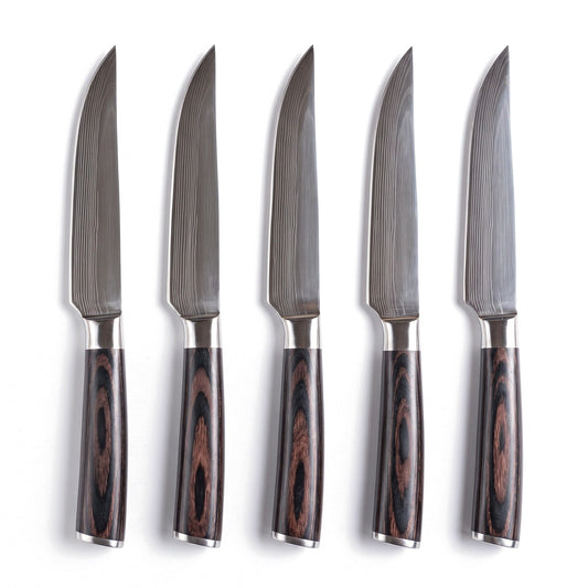 5-Piece Carbon Steel Steak Knife Set | Pakkawood, side profile on white