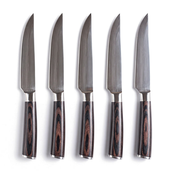 5-Piece Carbon Steel Steak Knife Set | Pakkawood, side profile on white