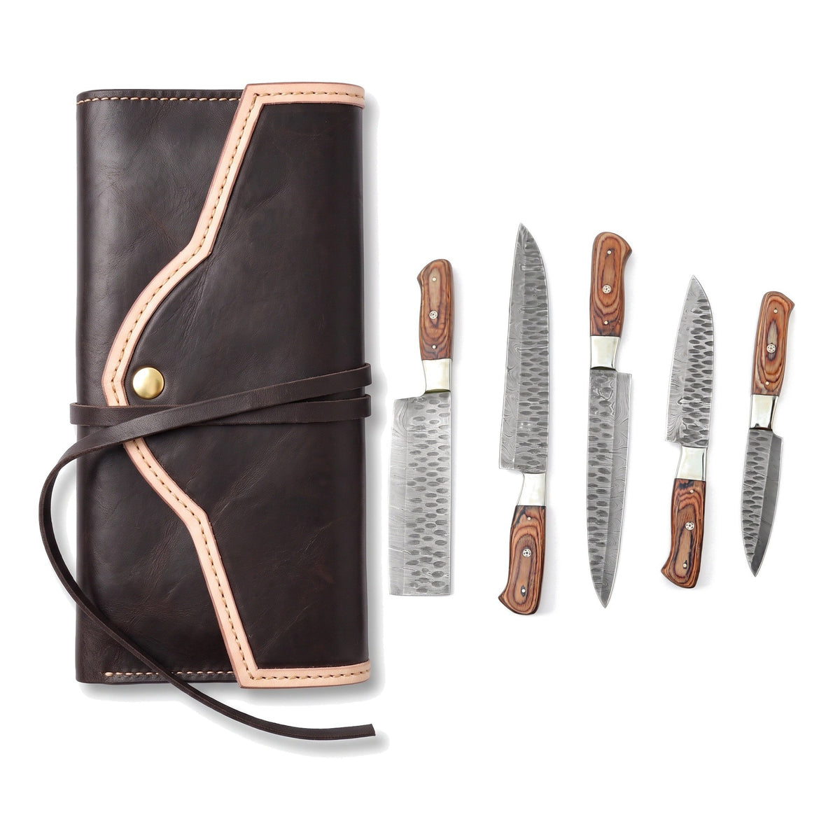 5-Piece Damascus Kitchen Knife Set | Brown Pakkawood, three-quarter view with the Crownridge knife roll