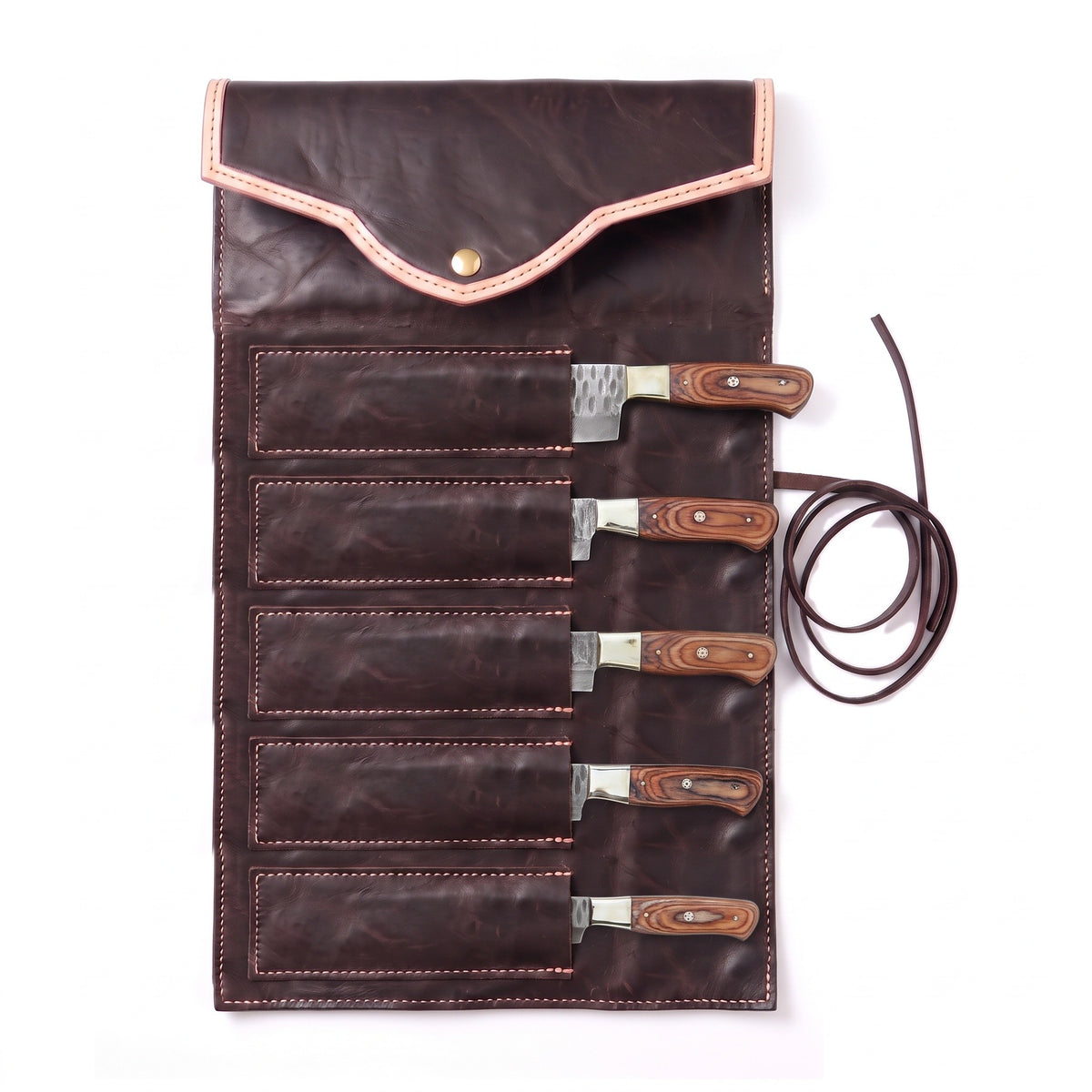 5-Piece Damascus Kitchen Knife Set | Brown Pakkawood, seated in the Crownridge knife roll