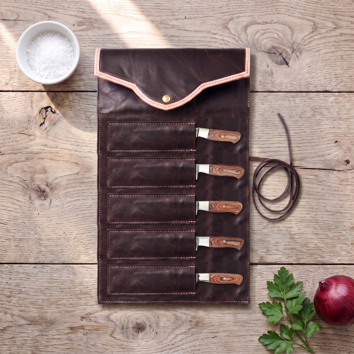 5-Piece Damascus Kitchen Knife Set | Brown Pakkawood, with the Crownridge knife roll in use