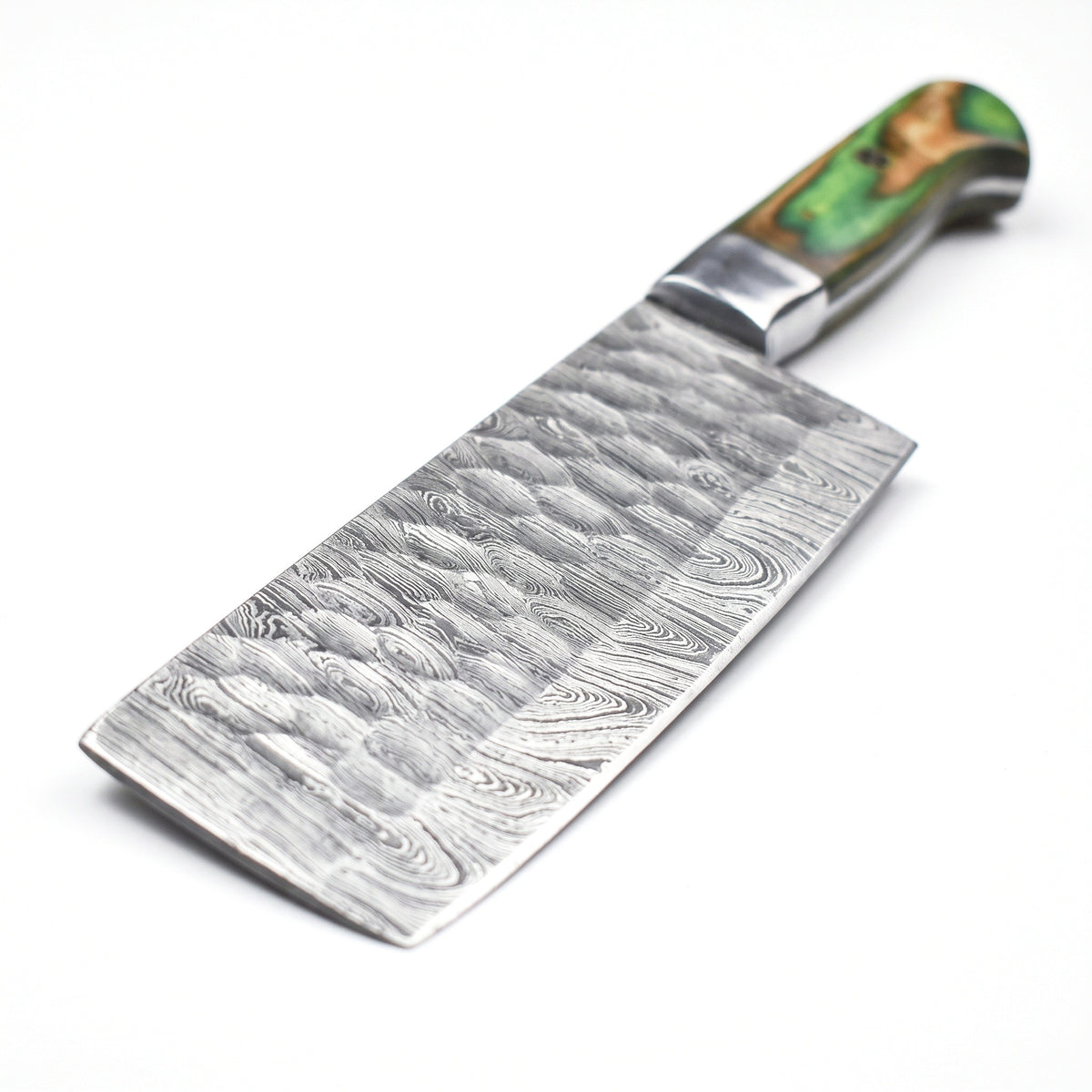 5-Piece Damascus Kitchen Knife Set | Green Pakkawood, Damascus blade close-up