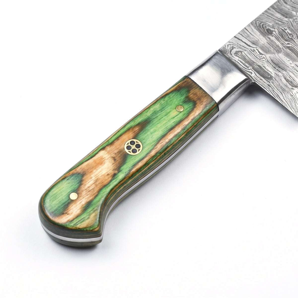 5-Piece Damascus Kitchen Knife Set | Green Pakkawood, handle and fittings close-up