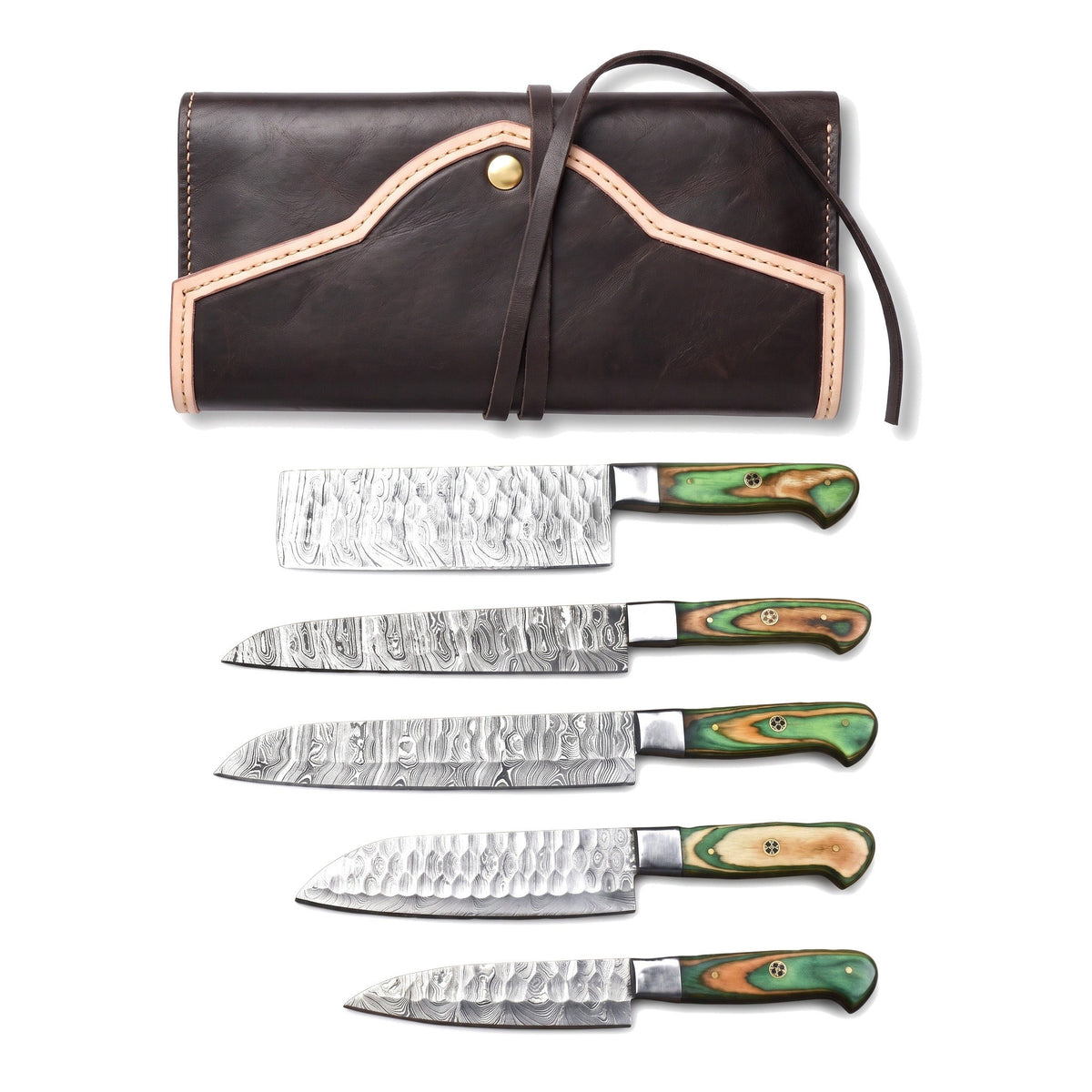 5-Piece Damascus Kitchen Knife Set | Green Pakkawood, three-quarter view with the Crownridge knife roll