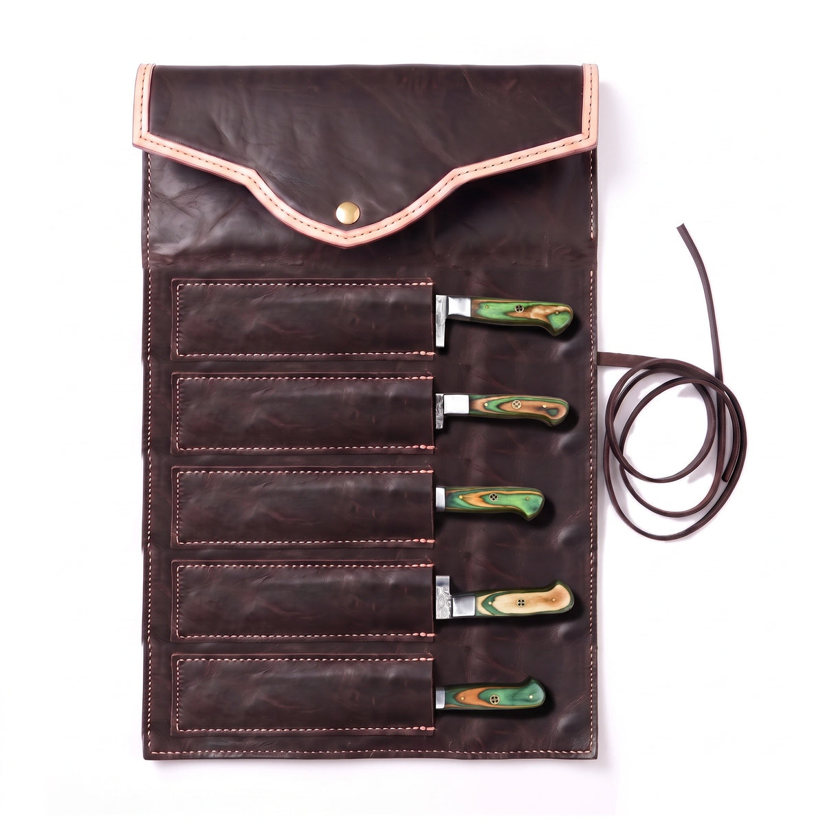 5-Piece Damascus Kitchen Knife Set | Green Pakkawood, seated in the Crownridge knife roll