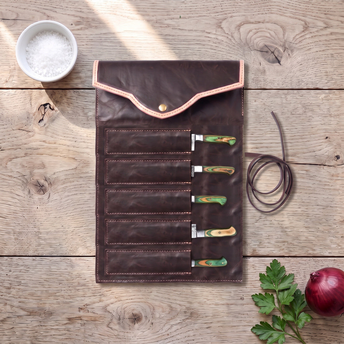 5-Piece Damascus Kitchen Knife Set | Green Pakkawood, with the Crownridge knife roll in use