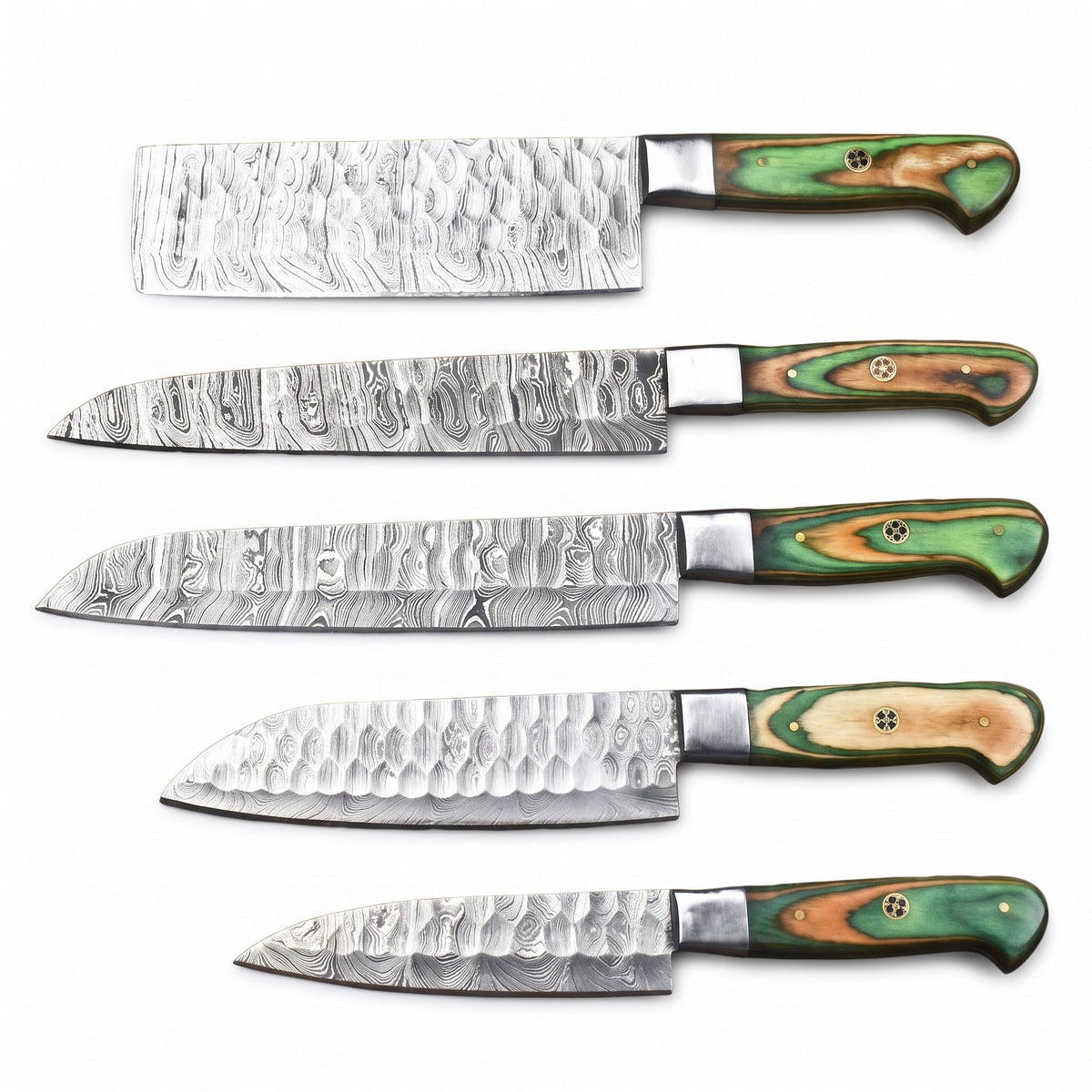 5-Piece Damascus Kitchen Knife Set | Green Pakkawood, side profile on white