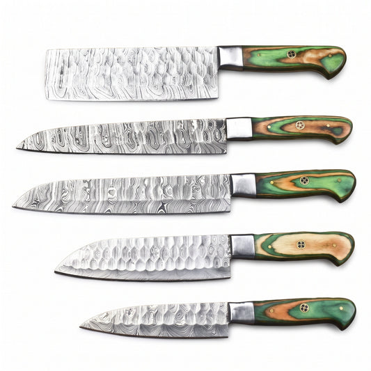 5-Piece Damascus Kitchen Knife Set | Green Pakkawood, side profile on white