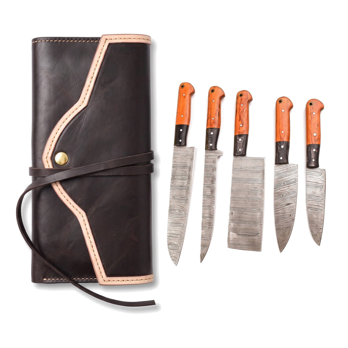 5-Piece Damascus Kitchen Knife Set | Hardwood, three-quarter view with the Crownridge knife roll