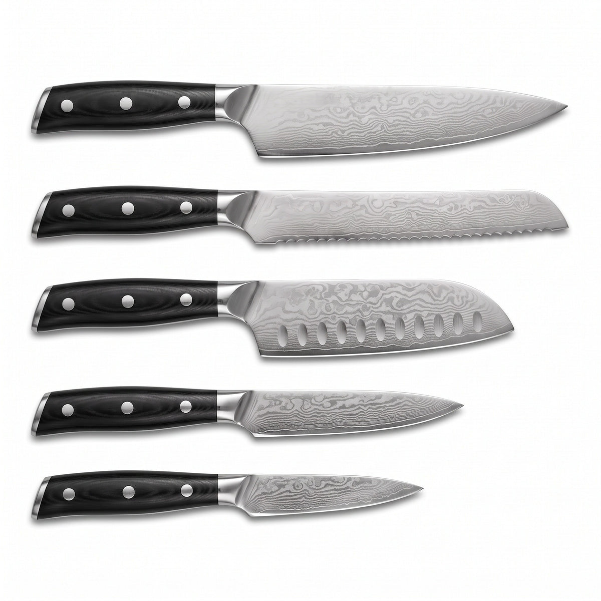 5-Piece Damascus Kitchen Knife Set | Hardwood II, handle and fittings close-up