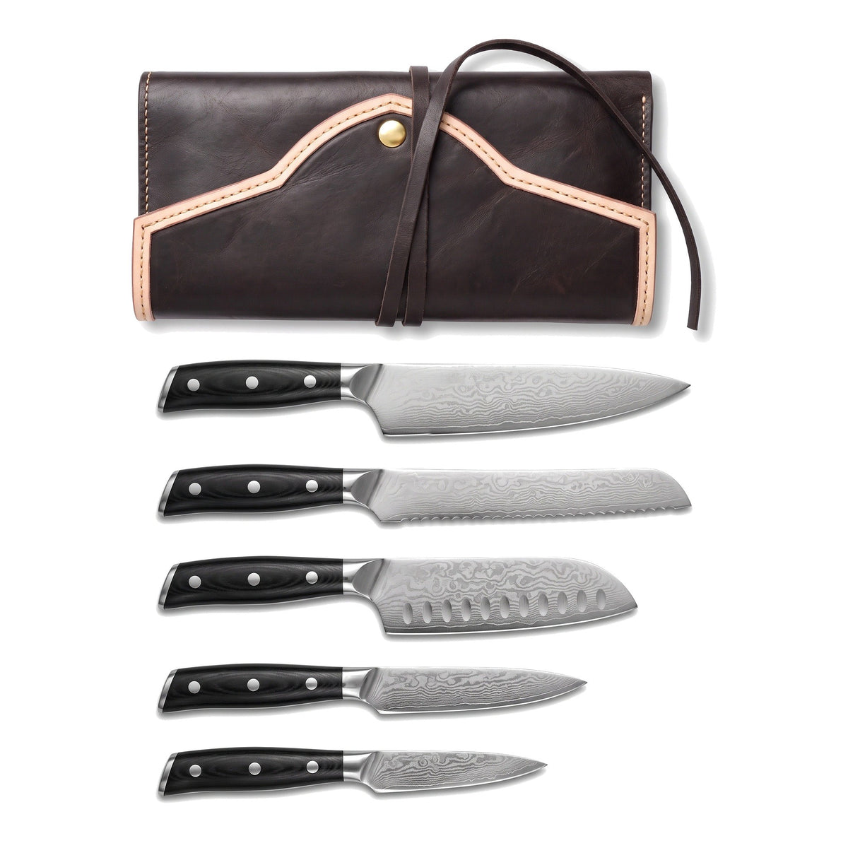 5-Piece Damascus Kitchen Knife Set | Hardwood II, three-quarter view with the Crownridge knife roll