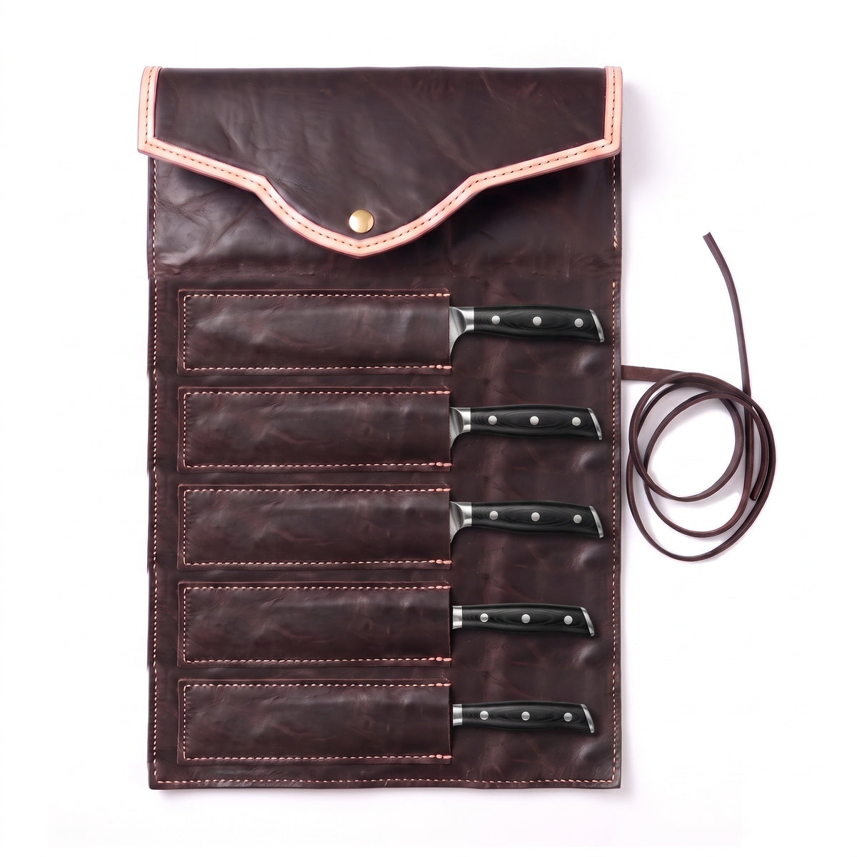 5-Piece Damascus Kitchen Knife Set | Hardwood II, seated in the Crownridge knife roll