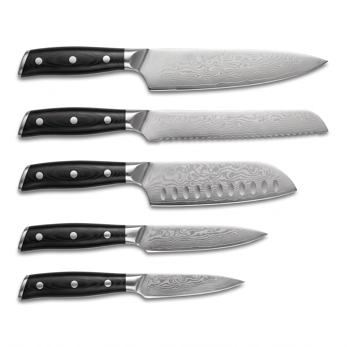 5-Piece Damascus Kitchen Knife Set | Hardwood II, side profile on white