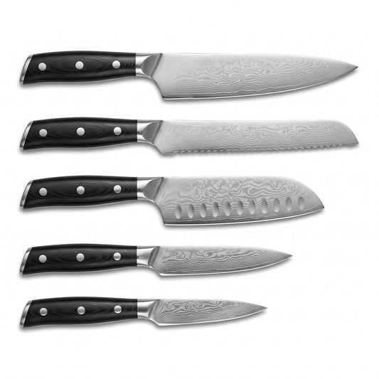 5-Piece Damascus Kitchen Knife Set | Hardwood II, side profile on white