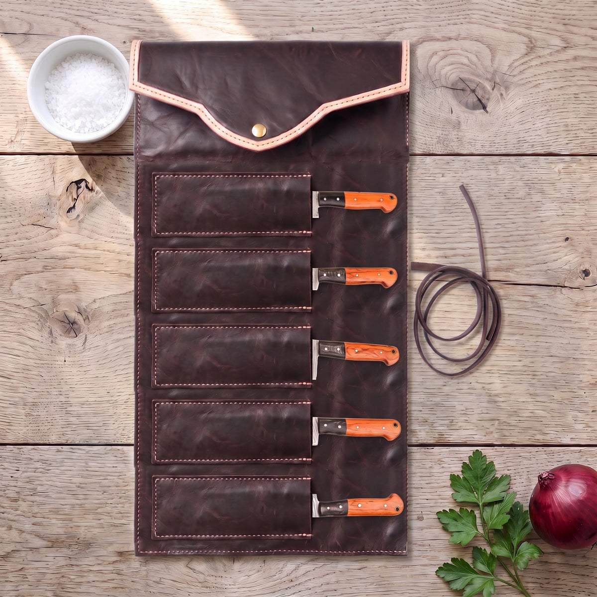 5-Piece Damascus Kitchen Knife Set | Hardwood, with the Crownridge knife roll in use