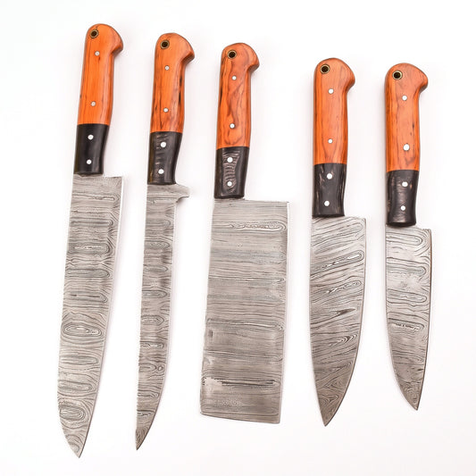5-Piece Damascus Kitchen Knife Set | Hardwood, side profile on white