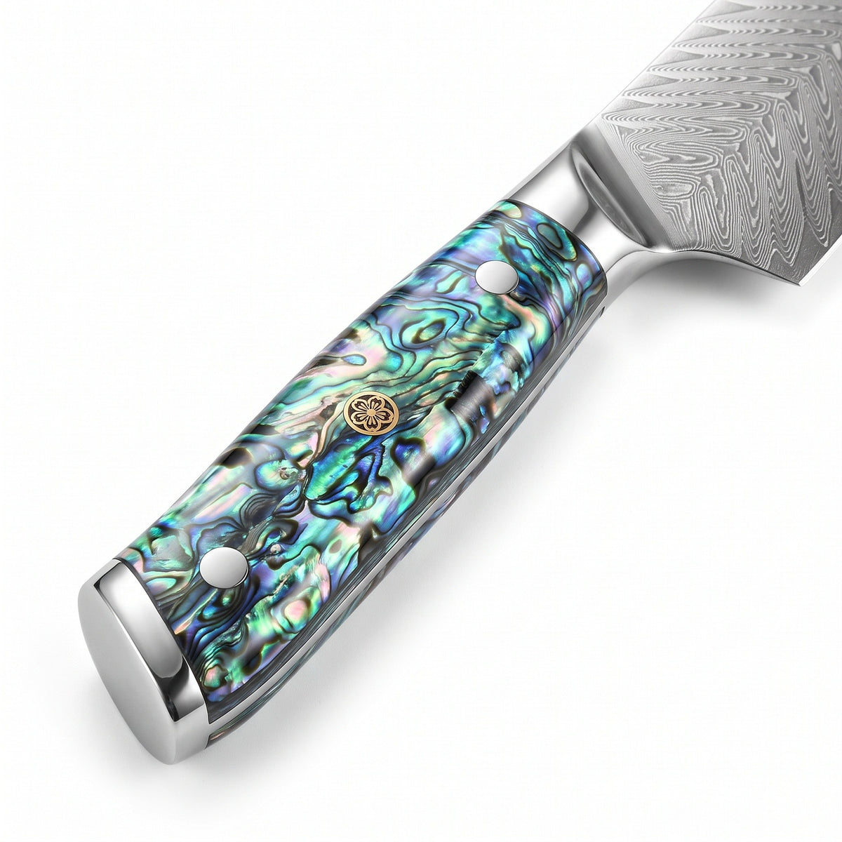 5-Piece Damascus Kitchen Knife Set | Mother of Pearl, handle and fittings close-up
