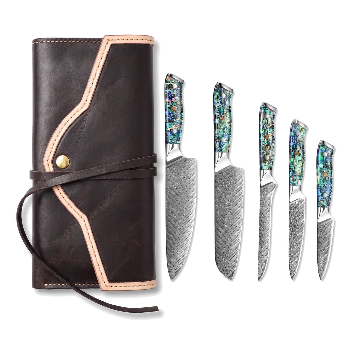 5-Piece Damascus Kitchen Knife Set | Mother of Pearl, three-quarter view with the Crownridge knife roll