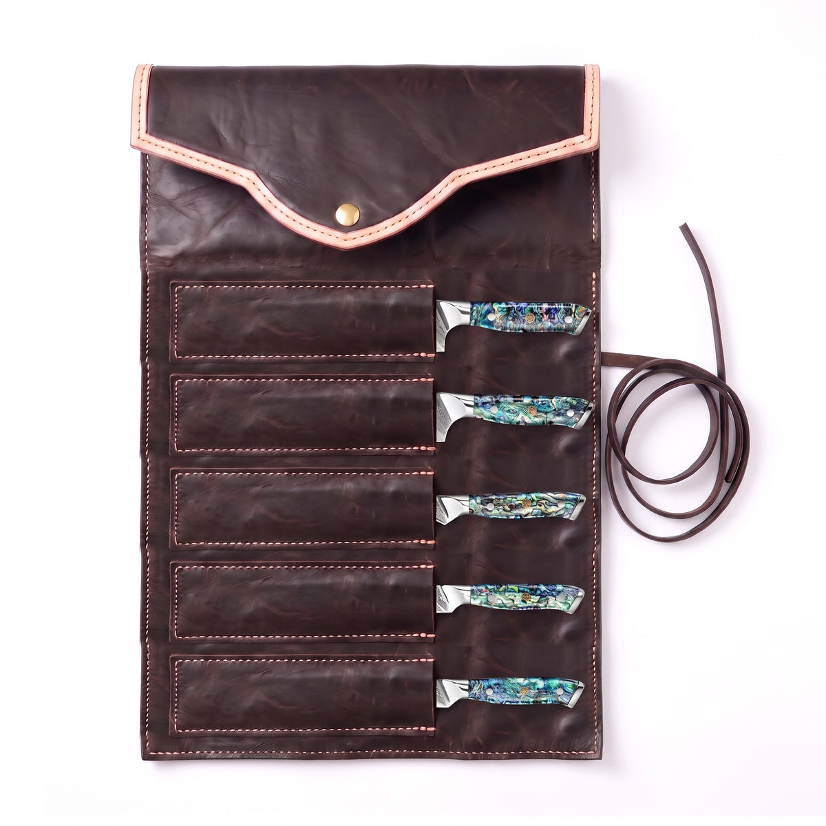 5-Piece Damascus Kitchen Knife Set | Mother of Pearl, seated in the Crownridge knife roll