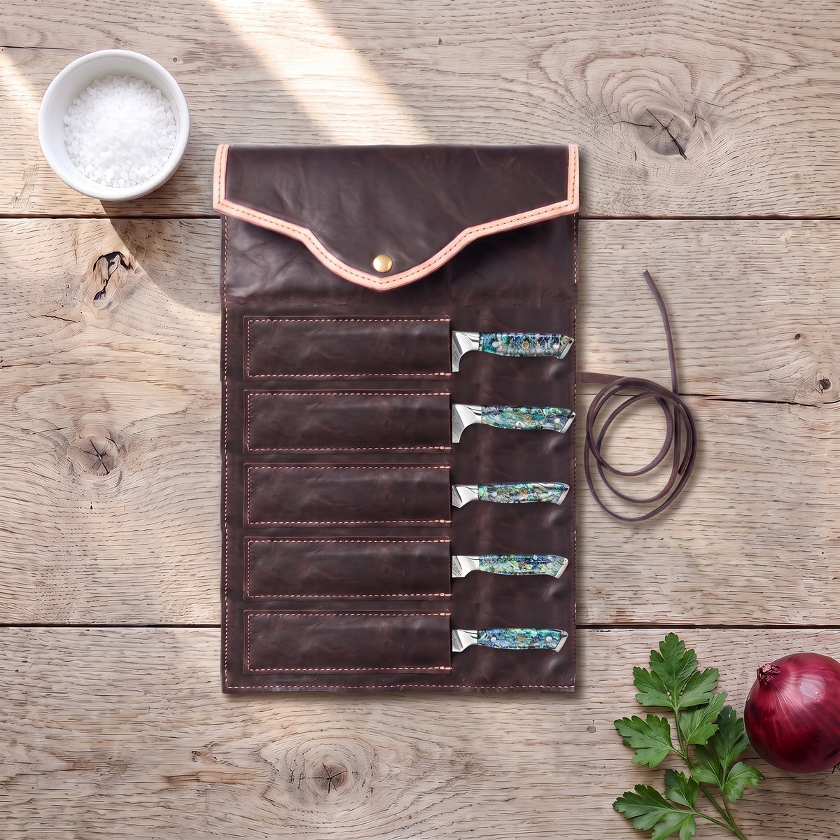 5-Piece Damascus Kitchen Knife Set | Mother of Pearl, with the Crownridge knife roll in use