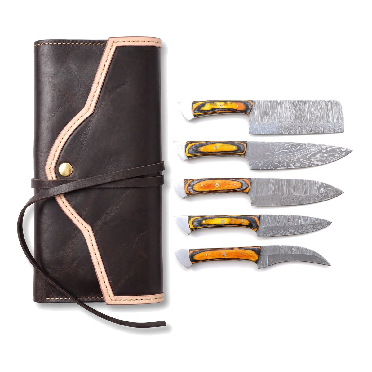 5-Piece Damascus Kitchen Knife Set | Pakkawood, three-quarter view with the Crownridge knife roll