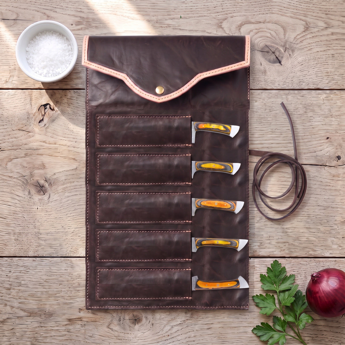 5-Piece Damascus Kitchen Knife Set | Pakkawood, with the Crownridge knife roll in use