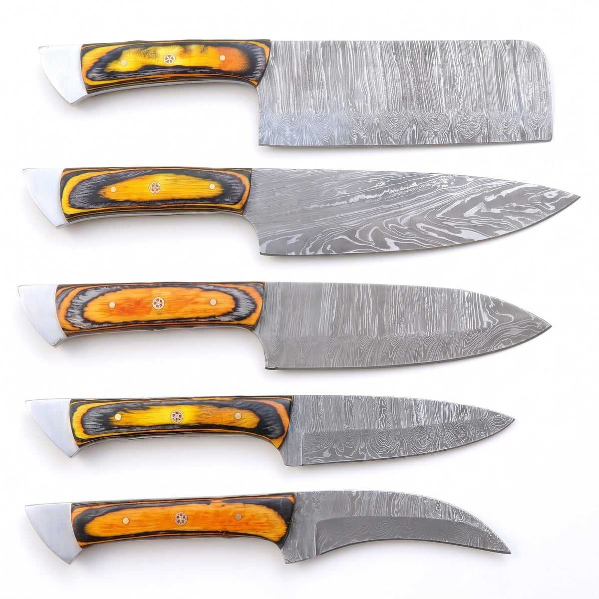 5-Piece Damascus Kitchen Knife Set | Pakkawood, side profile on white