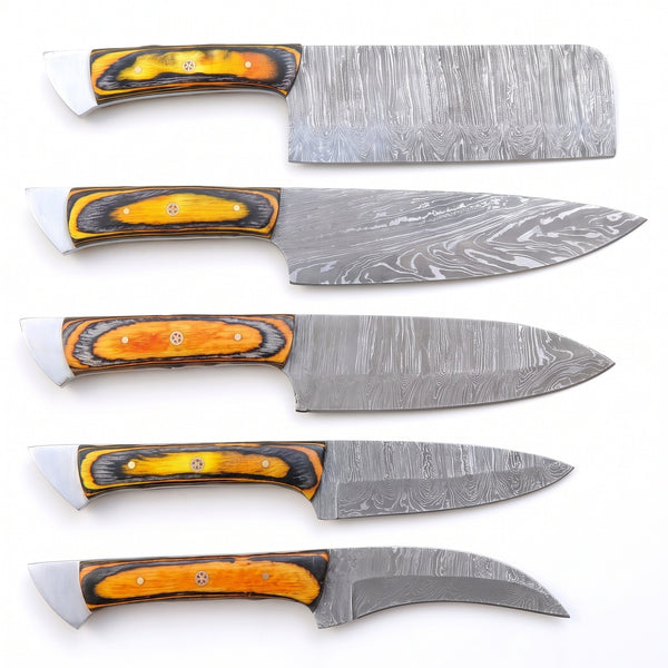 5-Piece Damascus Kitchen Knife Set | Pakkawood, side profile on white